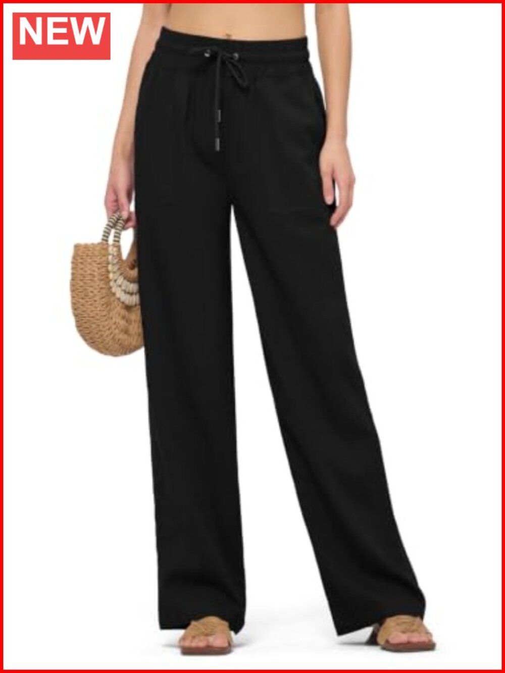 Women's Linen Blend Wide Leg Palazzo Pants Elastic Waist 4 Pockets